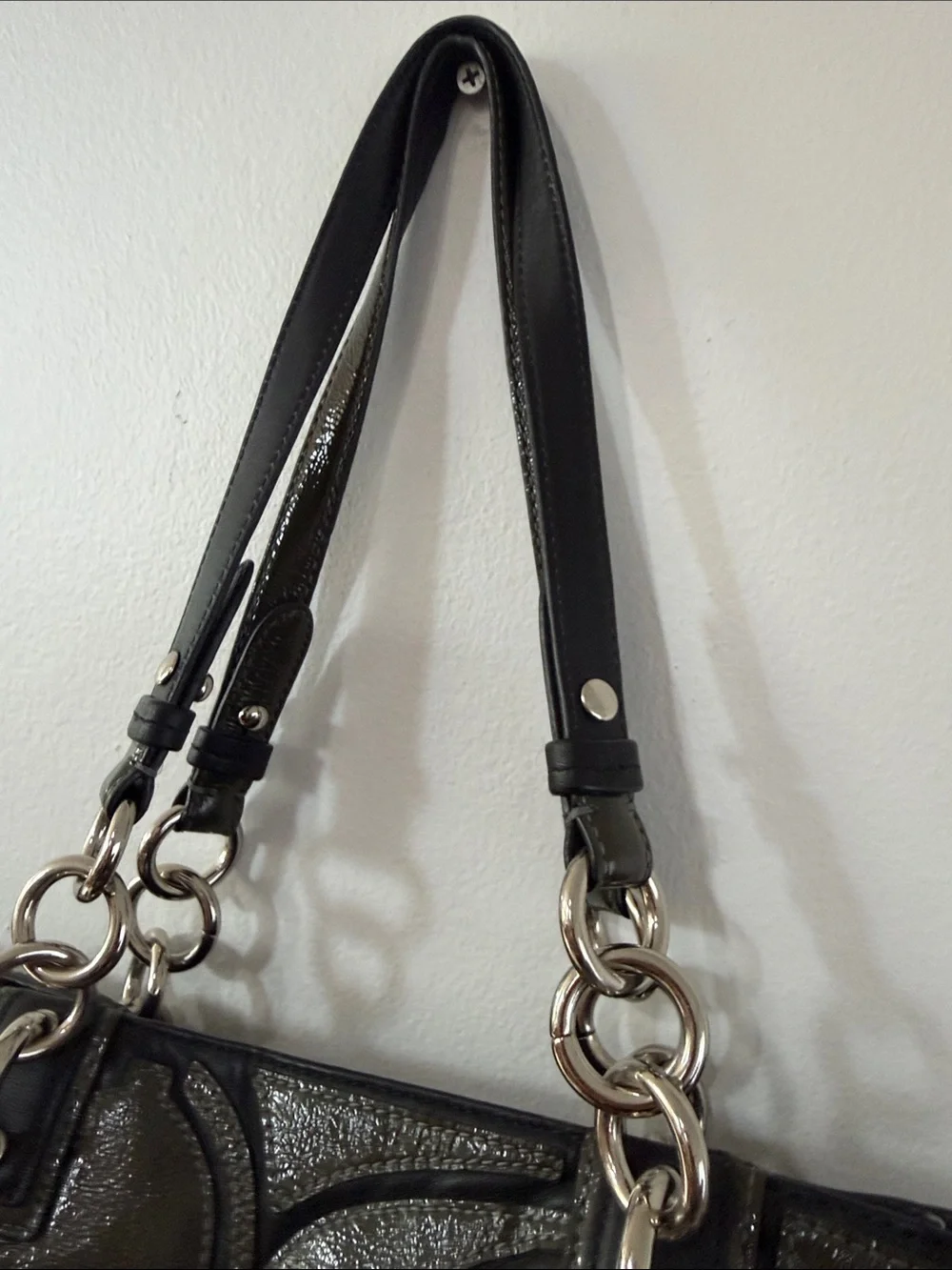 Coach Olive and Black Signature Tote with Chain Accent